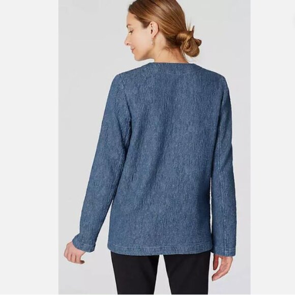 J.Jill Indigo Cinch Hem Textured Cotton Snap Front Jacket with Pockets - S - Picture 2 of 10